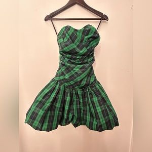 Green black plaid punk rock strapless dress